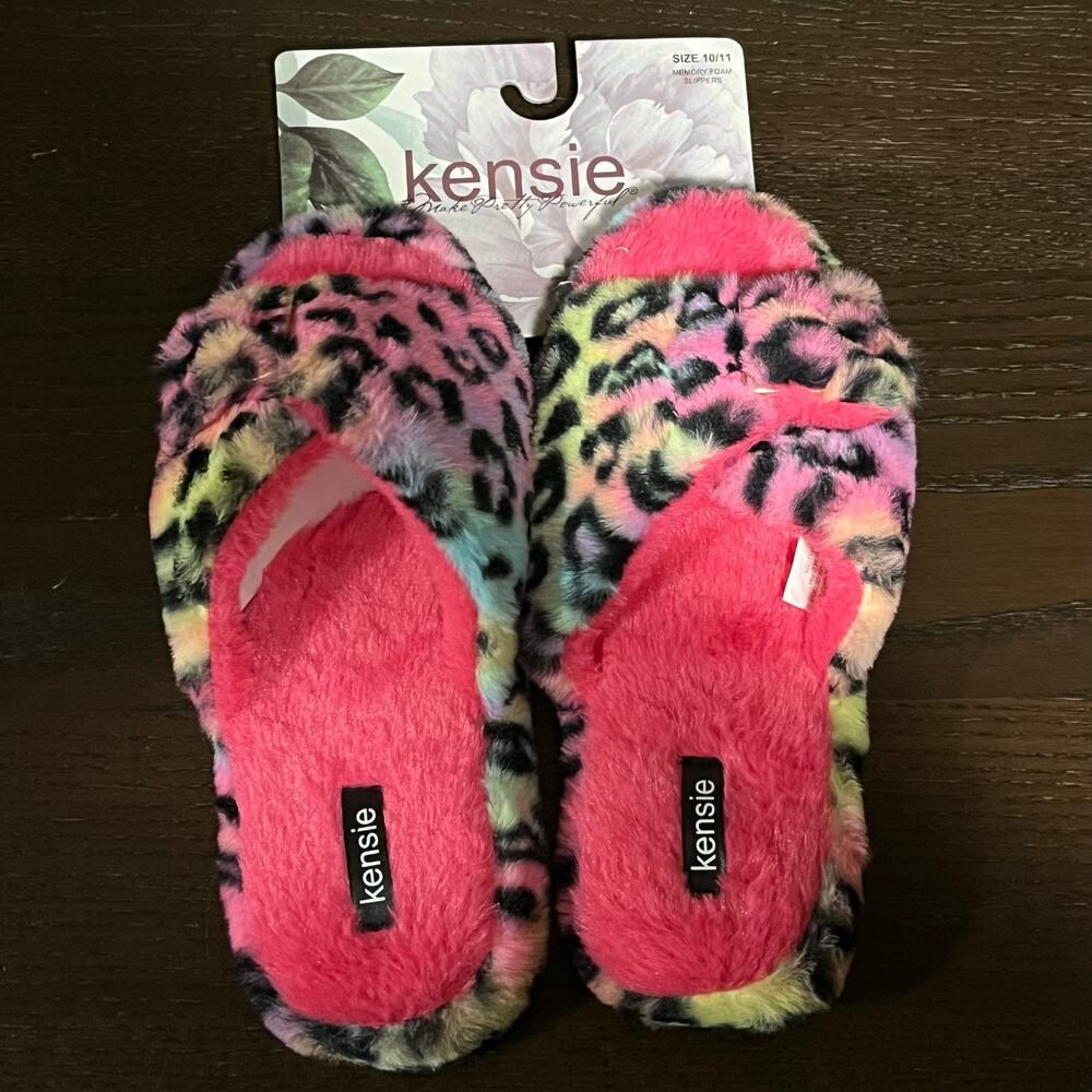Kensie Animal Print Memory Foam Slippers Pink Rainbow Women's size 10/11